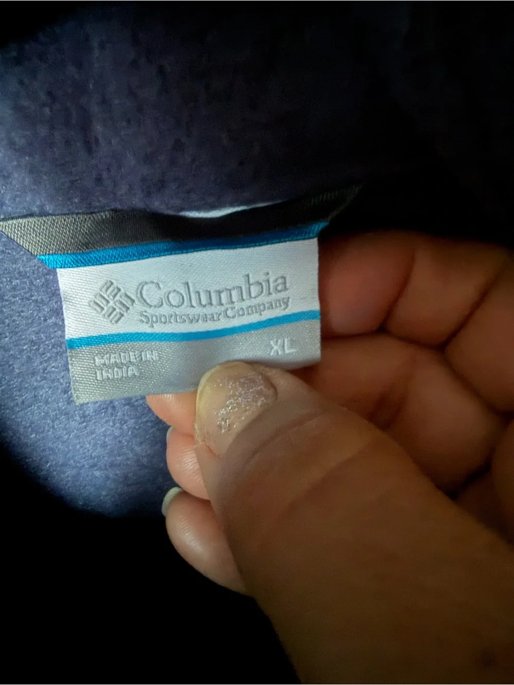 Columbia White and Blue Logo Fleece Tag Detail